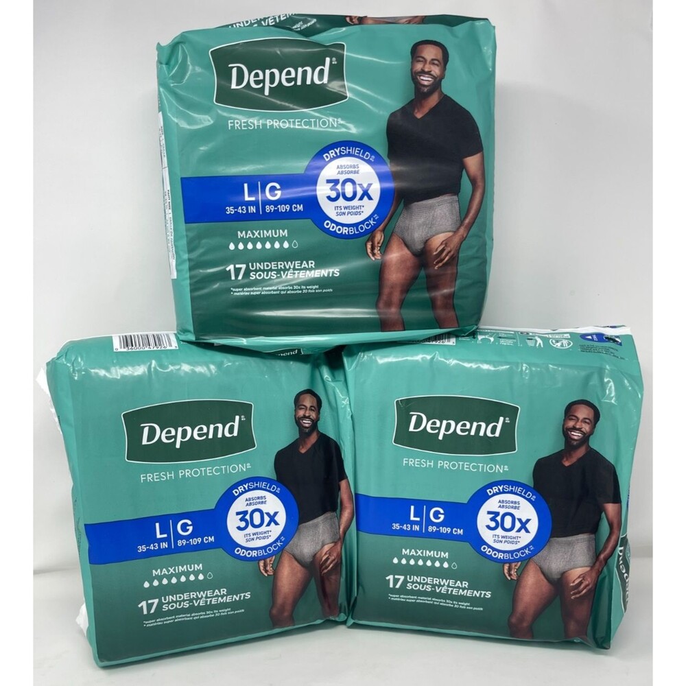 Depend Fresh Protection Disposable Underwear Gray MEN'S Large 17x3= 51 Pairs